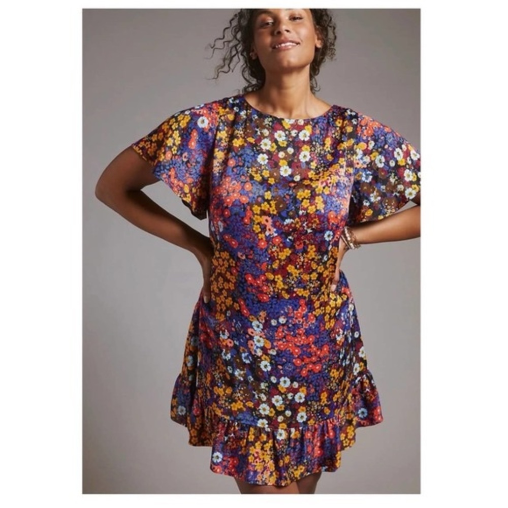 Anthropologie silky floral print tie back mini dress size 12